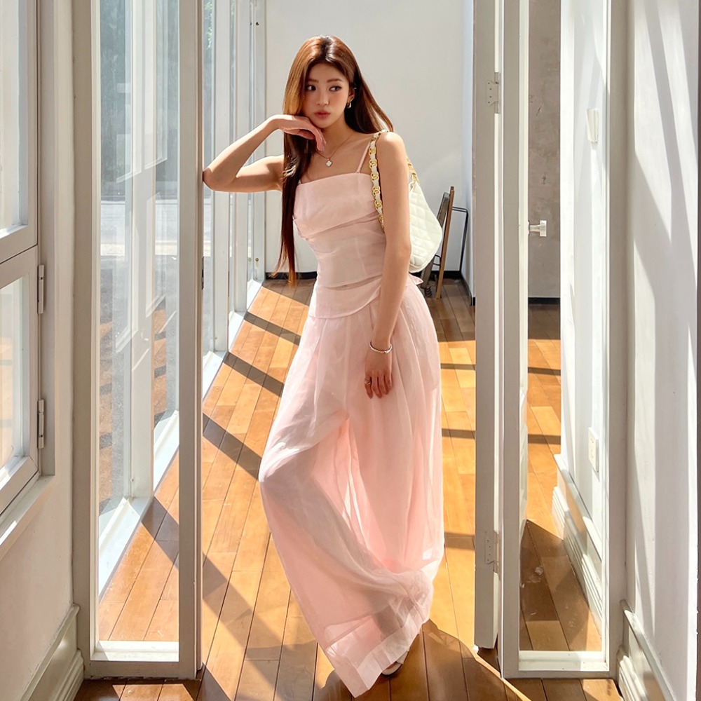 RINA Strapless Top & Wide Leg Pants Set 慵懒纯欲粉色抹胸上衣+休闲阔腿裤两件套