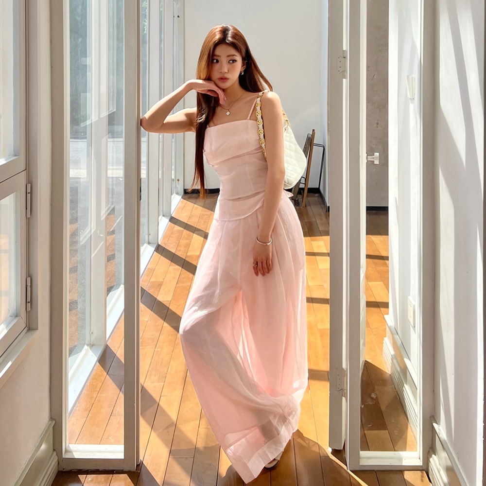 RINA Strapless Top & Wide Leg Pants Set 慵懒纯欲粉色抹胸上衣+休闲阔腿裤两件套