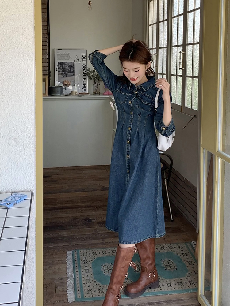 复古牛仔连衣裙 retro pleated waist-cinching denim dress