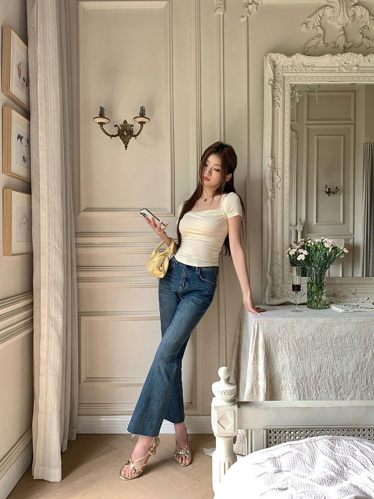 荡领设计短袖t恤 slim-fit pleated short-sleeve T-shirt for women