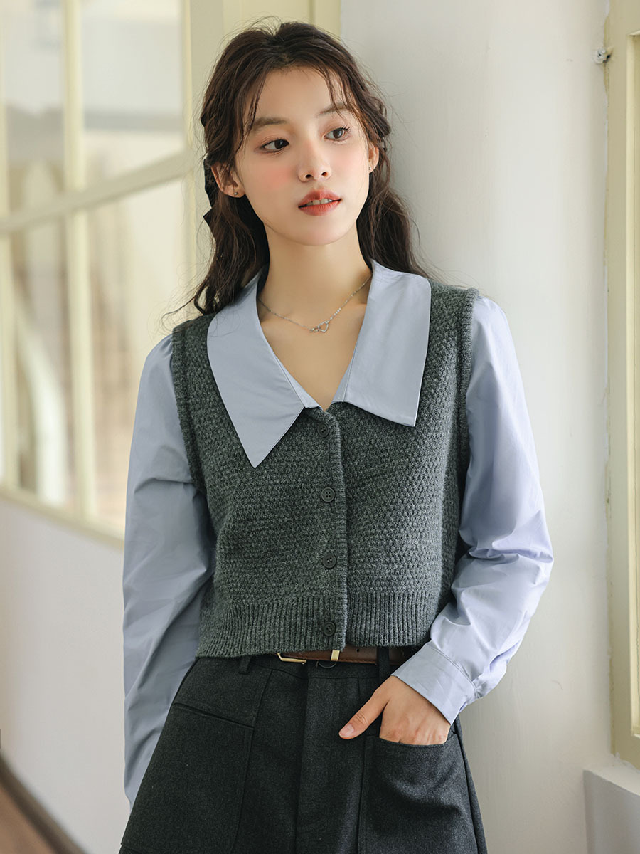 Khale Faux Two-piece Vest & Blouse 假两件马甲拼接衬衫