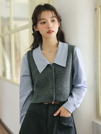 Khale Faux Two-piece Vest & Blouse 假两件马甲拼接衬衫