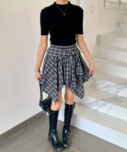 Plaid Ribbon-Tie Asymmetrical Skirt 不规则绑带格纹短裙*4 Colors