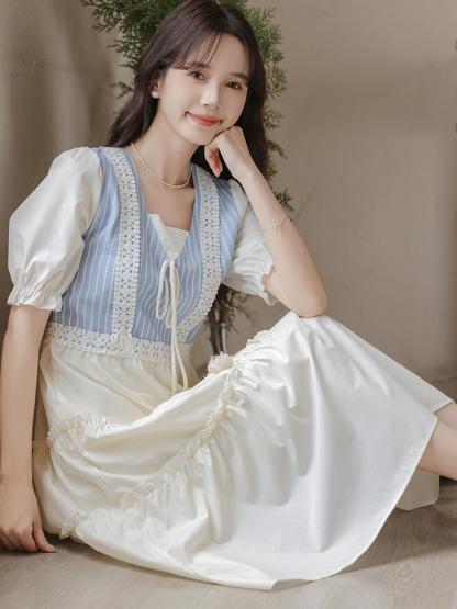 Artistic Vintage Skirt Women's 2024 Summer New Imitation Denim Striped Stitching Fake Two Pieces Short Sleeve Dress 50