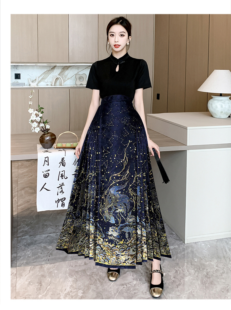 Real Shot In Stock Dreamy Galaxy Horse Face Skirt Light National Style New Chinese Style High-end Slimming Daily Commuting Skirt Summer