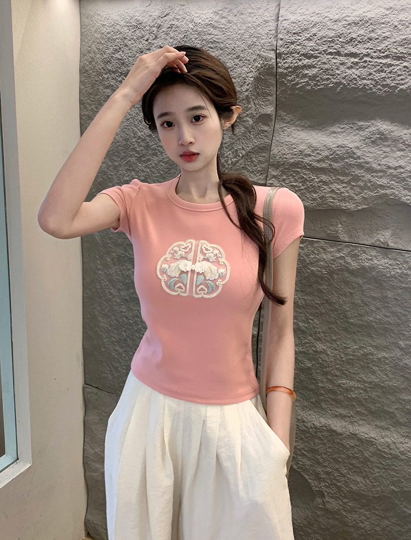 Ribbed Texture Embroidered Crop Tee 刺绣螺纹短款t恤*4 Colors 
