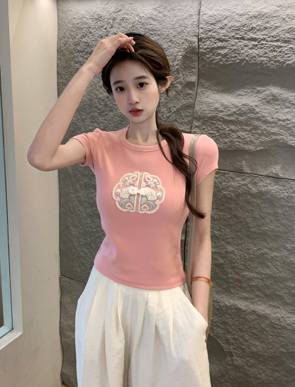 Ribbed Texture Embroidered Crop Tee 刺绣螺纹短款t恤*4 Colors 