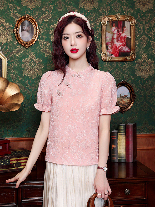 Jacquard Mandarin Collar Blouse 提花盘扣衬衫*2Colors