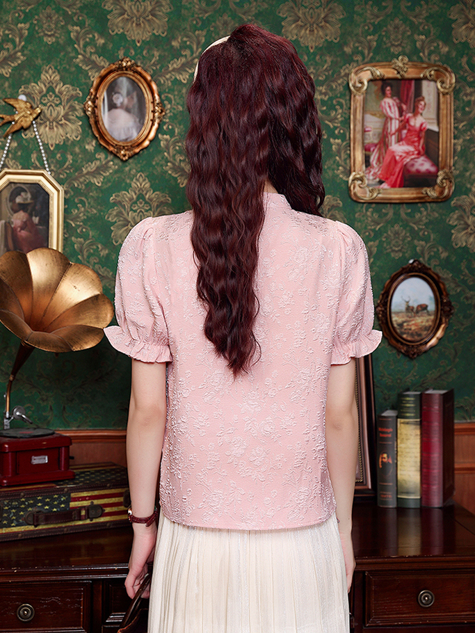 Jacquard Mandarin Collar Blouse 提花盘扣衬衫*2Colors