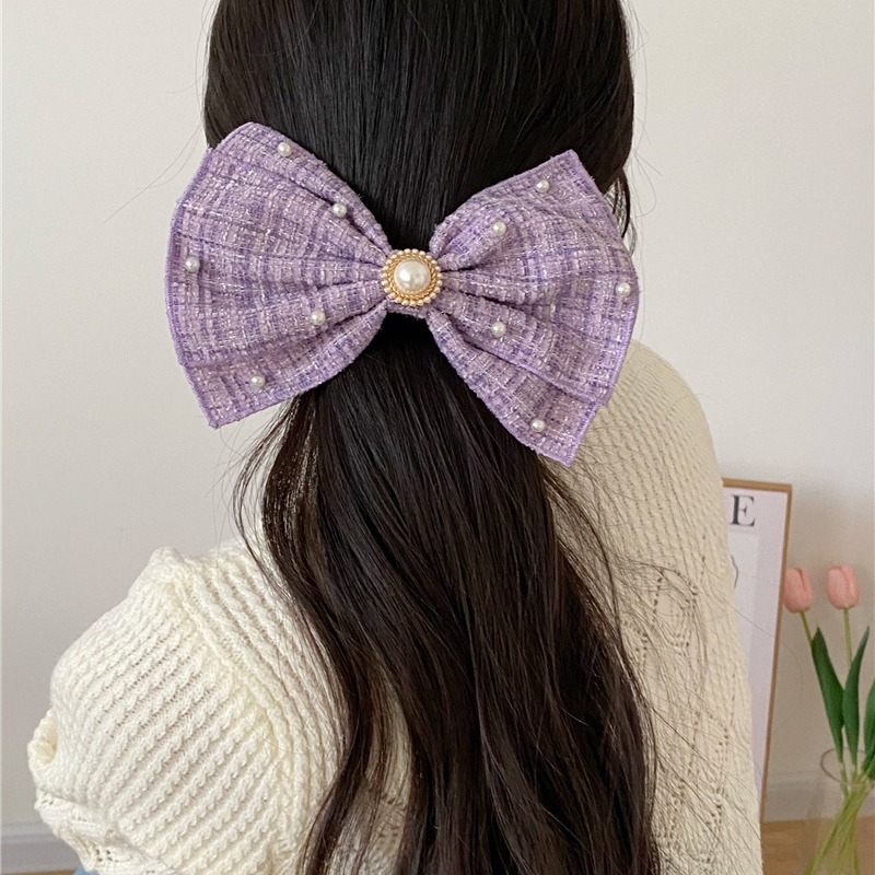  Thick Tweed Bow-Knot Hairpin 粗花呢珍珠三层蝴蝶结发夹*4色 