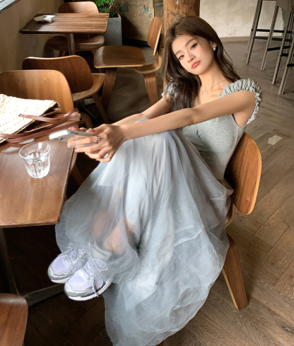 V-Neck Tulle and Mesh Dress法式气质V领拼接纱裙*2Colors