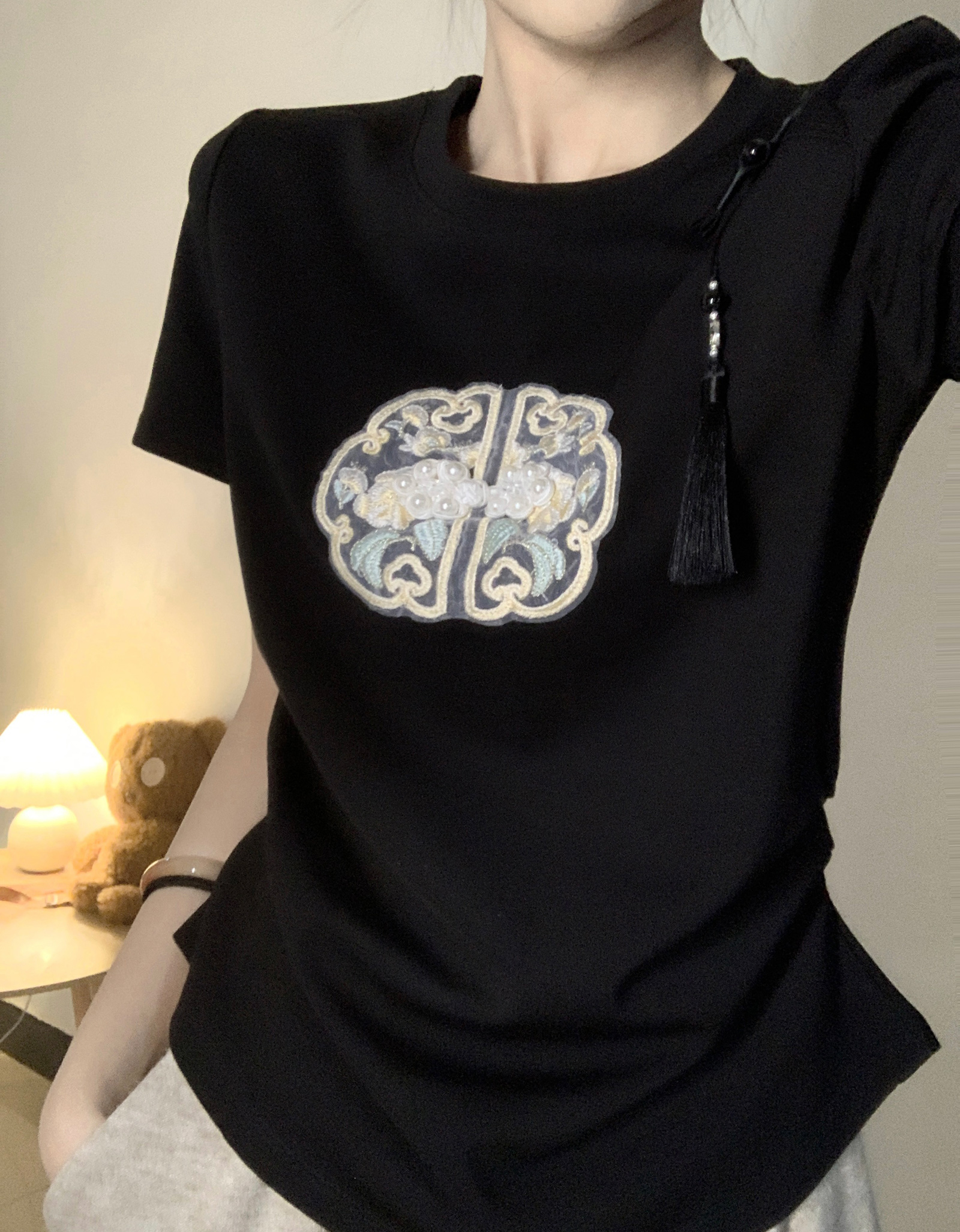 Real Shot New Chinese Style Rayon Air Layer 210g Short Sleeve T-Shirt for Women Summer Embroidery Slim Fit Regular Shoulder Short Round Neck Top