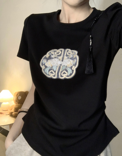 Real Shot New Chinese Style Rayon Air Layer 210g Short Sleeve T-Shirt for Women Summer Embroidery Slim Fit Regular Shoulder Short Round Neck Top