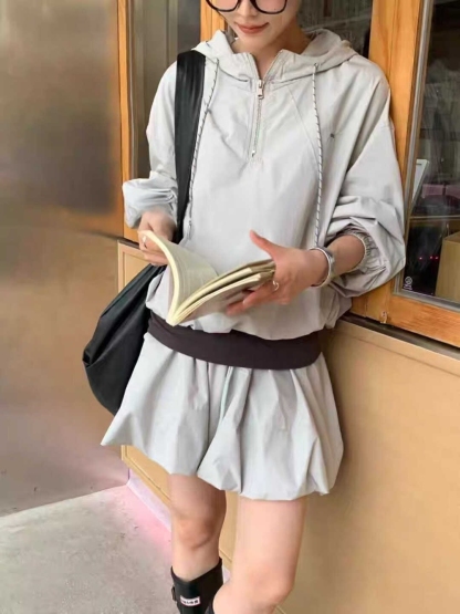 轻户外运动风 | 夹克连帽上衣+花苞裙2件套*3 Colors