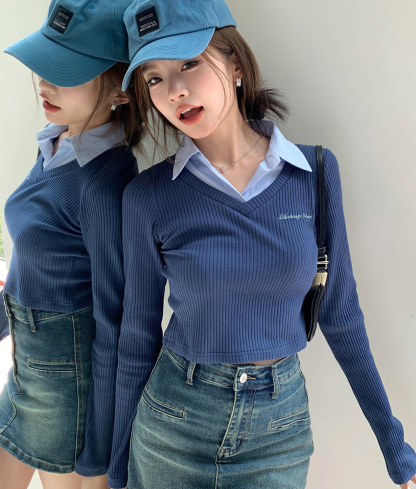 Slim Fit V-Neck Layered Shirt 蓝色假两件V领长袖修身T恤 