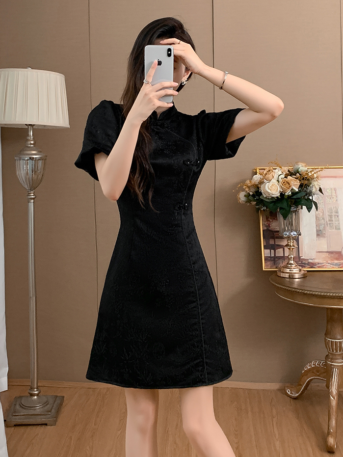 Summer New Chinese Retro Improved Cheongsam Dress with Buckle Jacquard National Style A- line Skirt Classic Style Dress 8813
