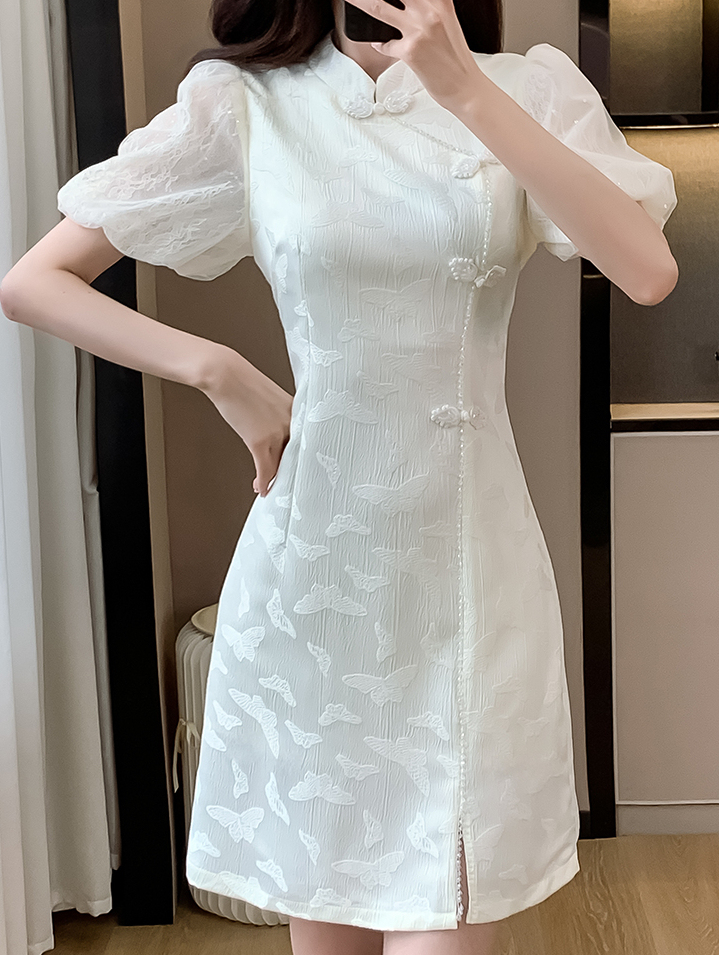 提花泡泡袖旗袍连衣裙*2 Colors