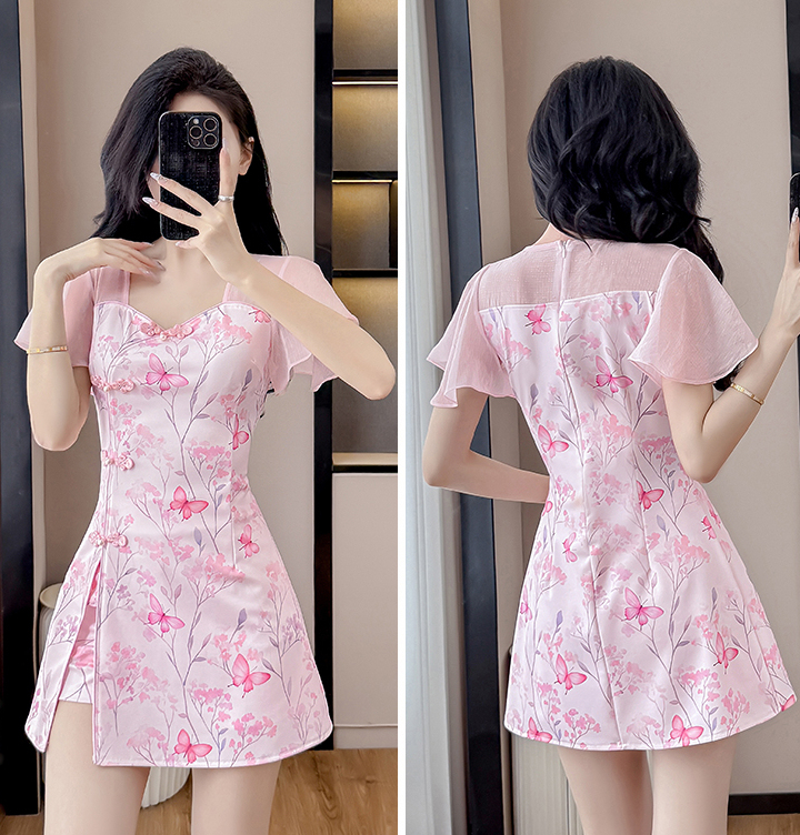 Real Shot Summer New Style New Chinese Style Improved Cheongsam Elegant Sweet Dress Shorts Two-Piece Set