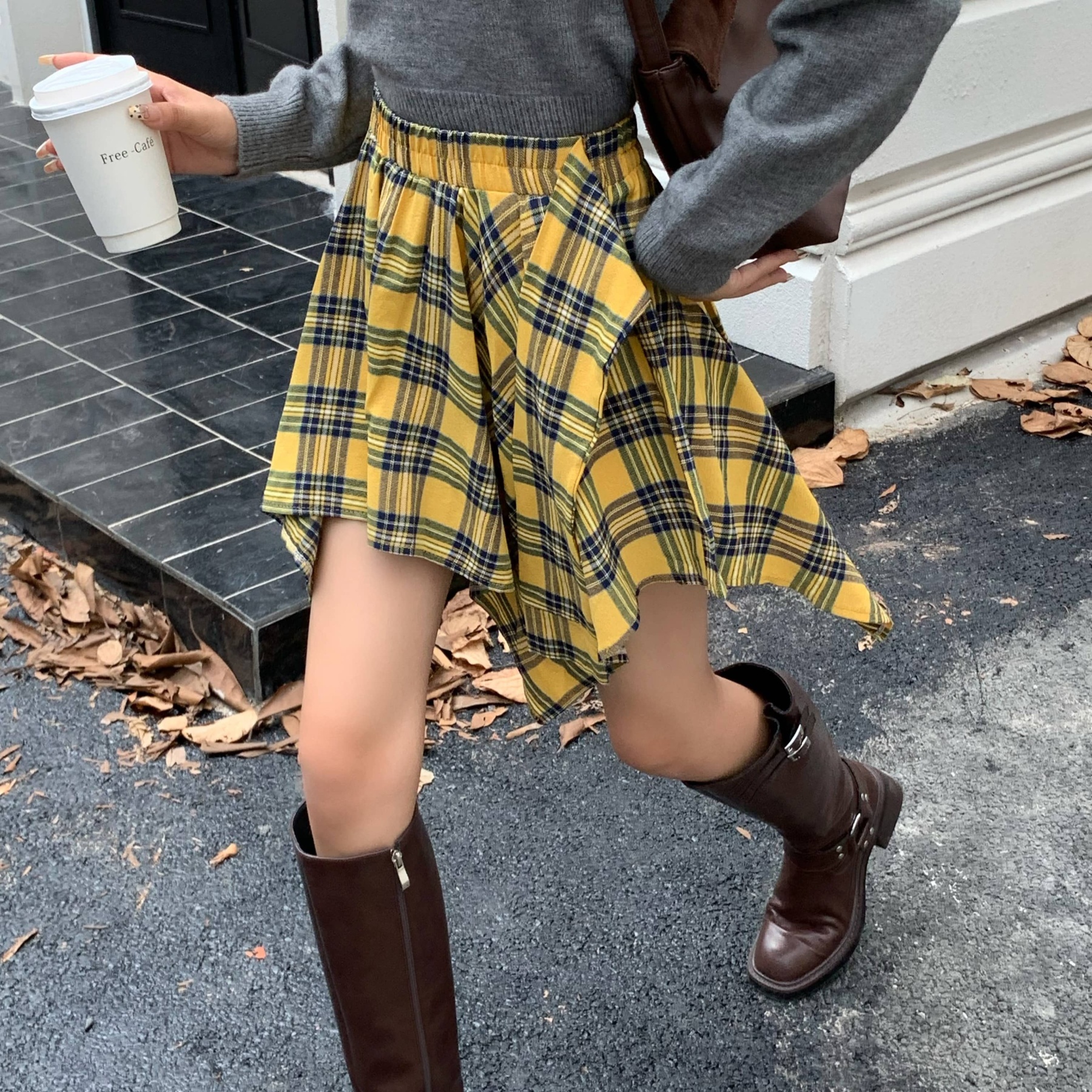 Plaid Ribbon-Tie Asymmetrical Skirt 不规则绑带格纹短裙*4 Colors