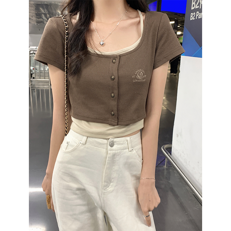 Halter Neck Cropped Top 挂脖假两件短款上衣*2 Colors