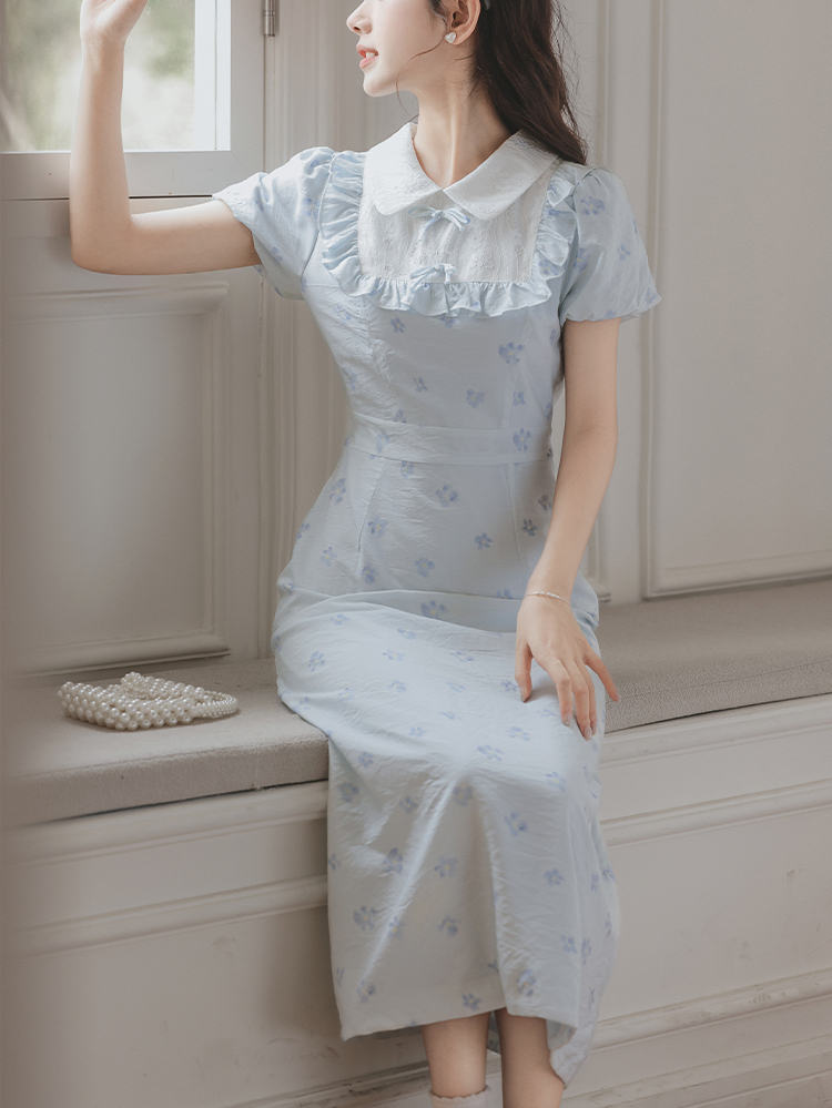 Vintage Bow Short Sleeve Dress Women's Summer Design Sense Niche Commuter College Style Dress Women 50