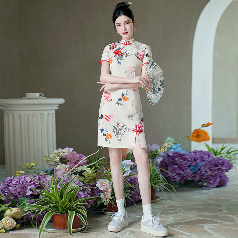 National Trend Printed Qipao Summer New Improved Style for Petite Young Girls New Chinese Style National Style Dress