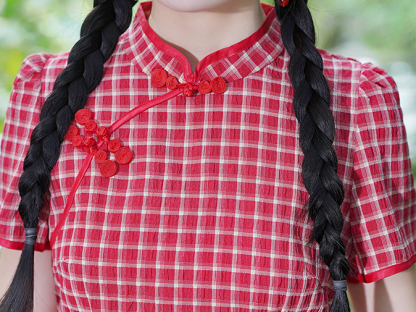 复古格子中式连身裙*2 Colors