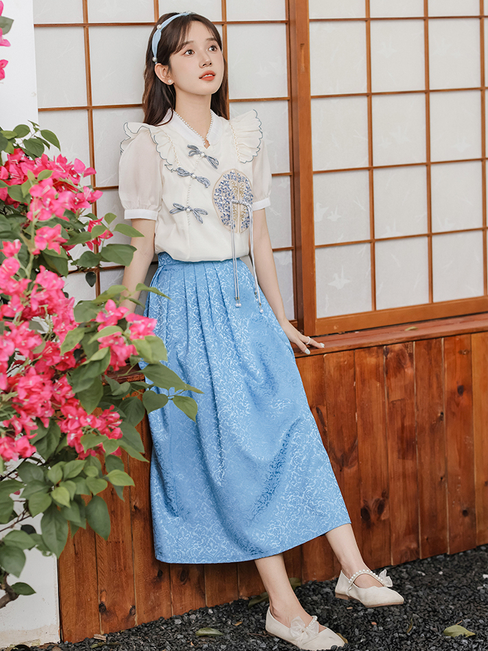 Embroidered Ruffle Hem Top & Skirt Set 刺绣荷叶边上衣+半身裙两件套