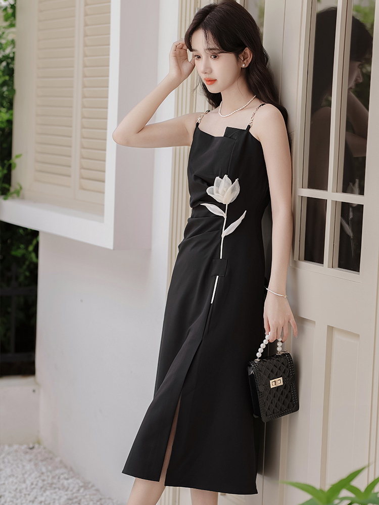 Yunyi Flower Language Black Camisole Dress 2024 New Women's Summer French Style Design Suit 40