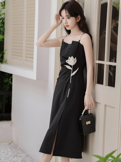 Yunyi Flower Language Black Camisole Dress 2024 New Women's Summer French Style Design Suit 40