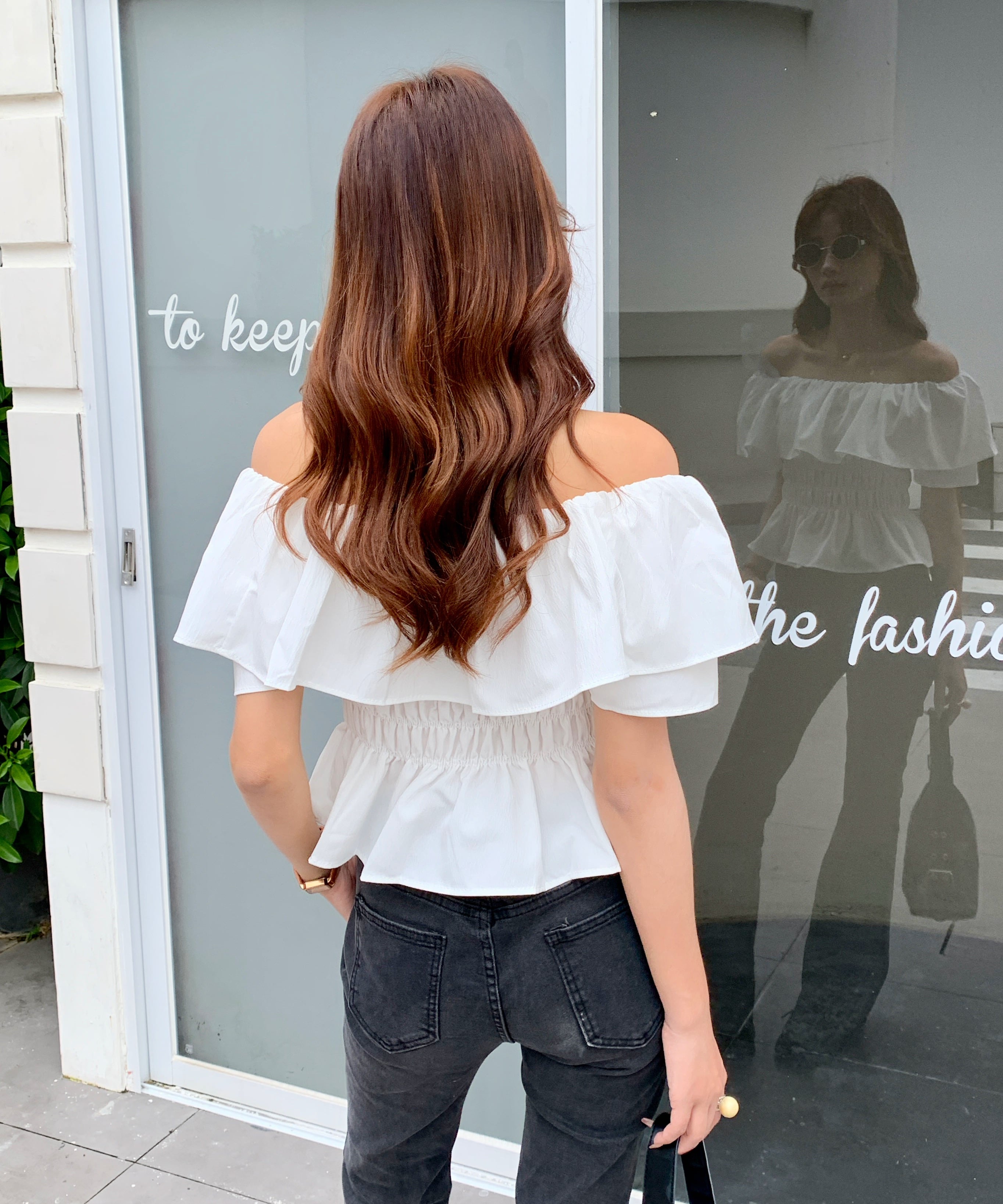 Off-Shoulder Ruffled Top荷叶边一字领收腰上衣*2 Colors