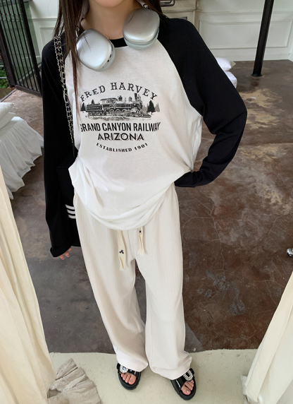 Contrast Color Long Sleeve T-shirt美式印花撞色长袖T恤 *2Colors