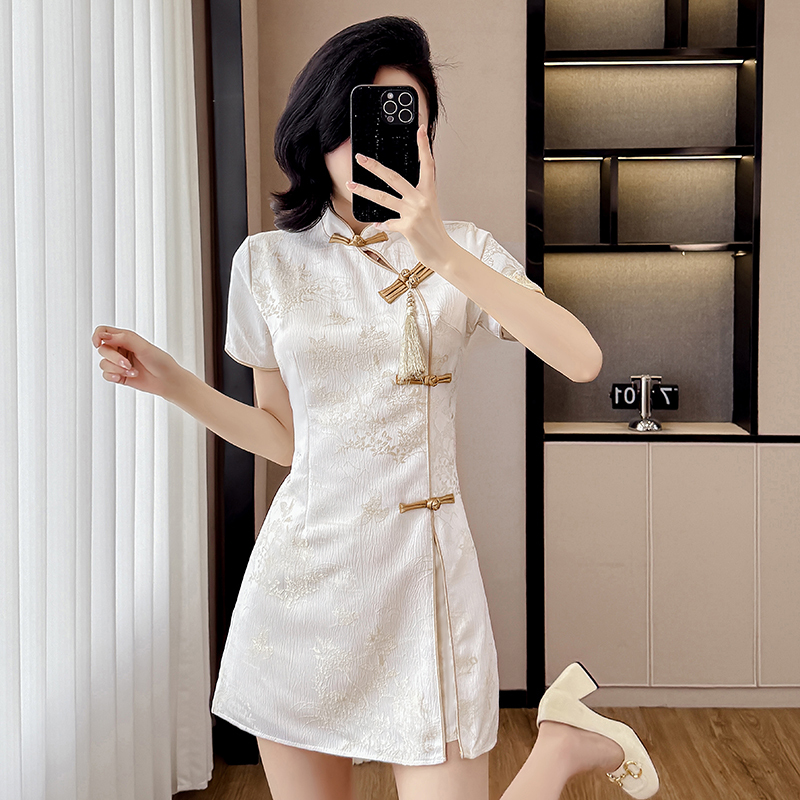 Real Shot Summer Fashion Improved Cheongsam Button New Chinese Style Jacquard Tassel Dress Shorts Two-Piece Set