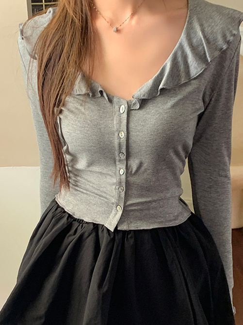 Ruffle Long Sleeve Tee 木耳边开衫长袖t恤*2 Colors