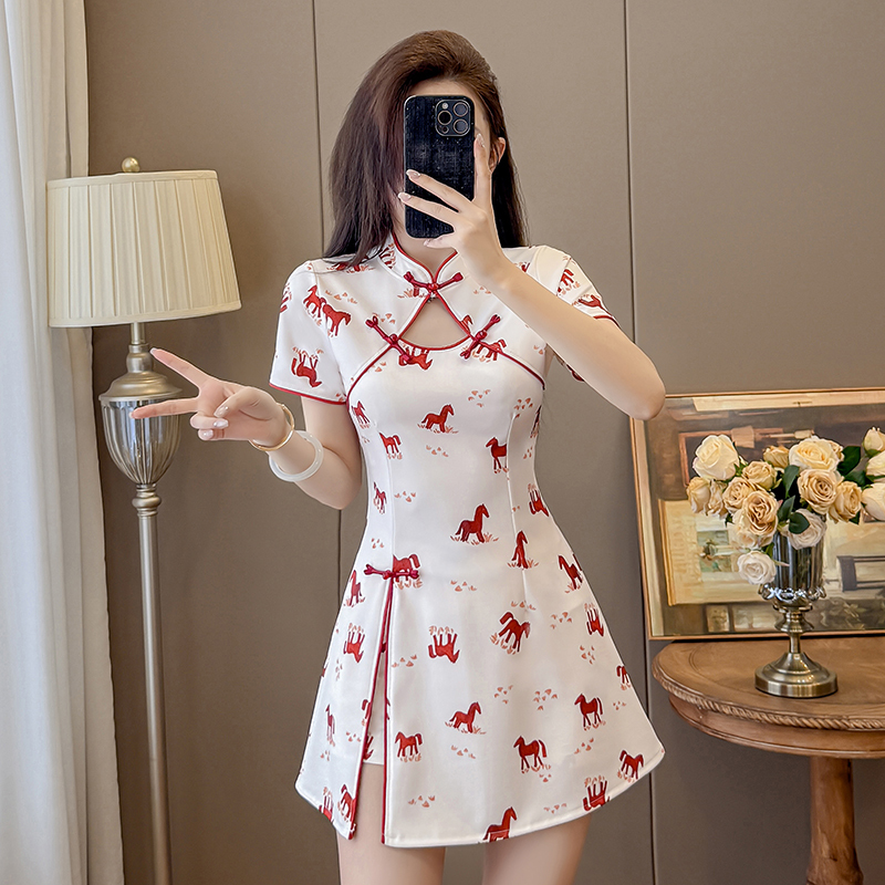 Real Shot New Style New Chinese Style Fashion Suit Petite Cheongsam Dress Socialite Style Dress Suit Two-Piece Set