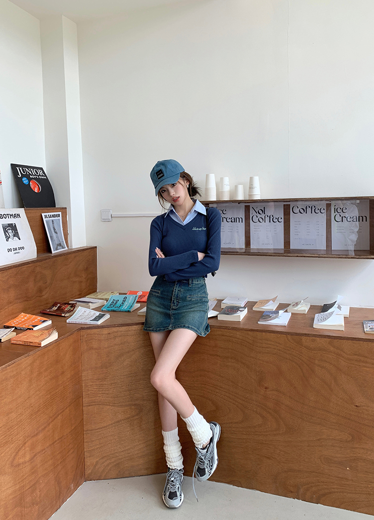 Slim Fit V-Neck Layered Shirt 蓝色假两件V领长袖修身T恤 