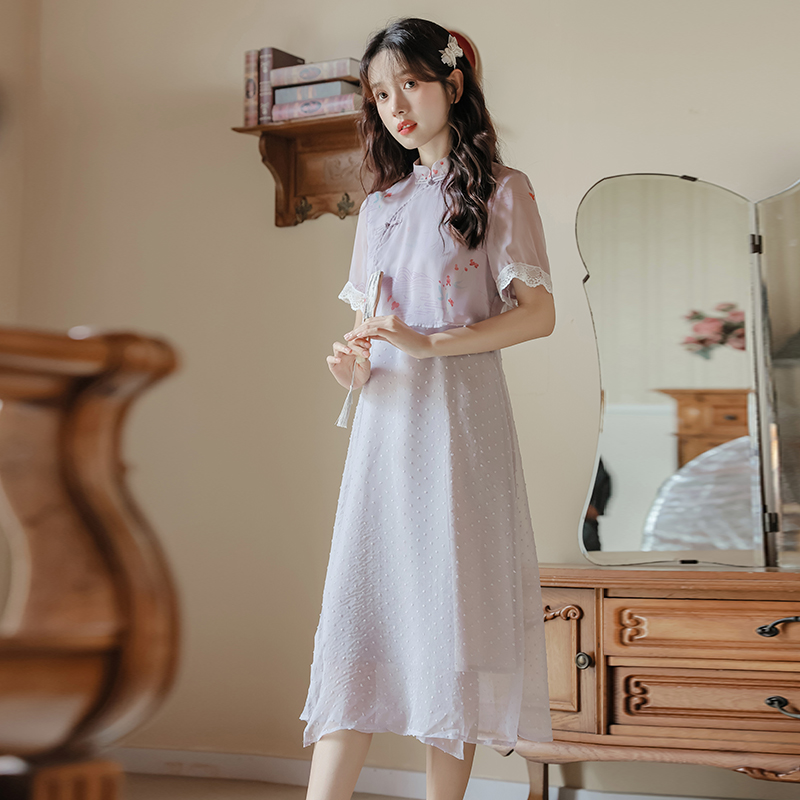 烟紫色古风印花假两件雪纺连衣裙  Lavender Floral Chiffon Layered Dress