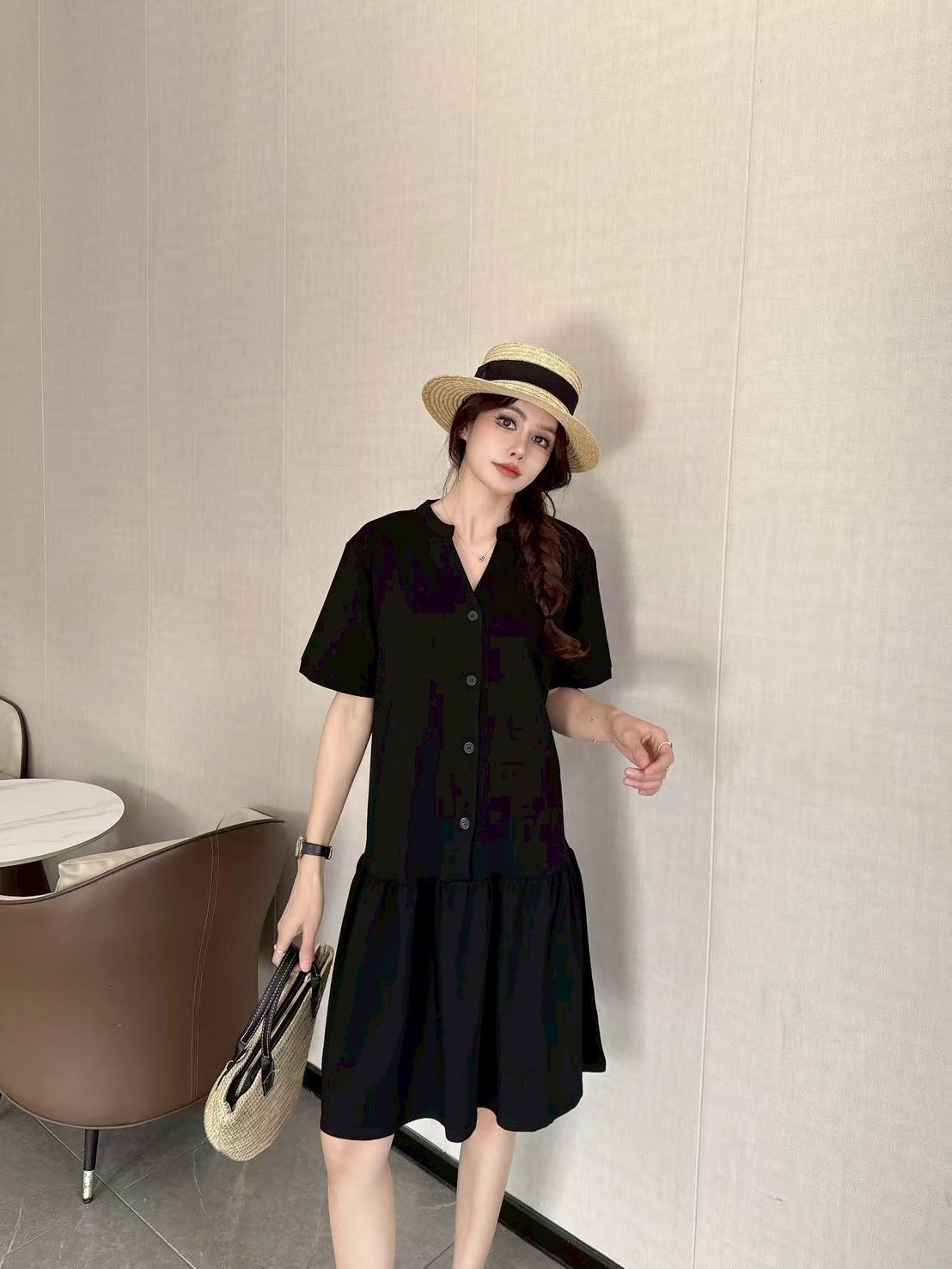 Button Front Ruffle Hem Dress 温柔系V领排扣连衣裙* 4 Colors