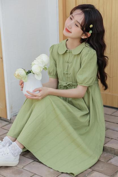 2024 Summer New Artistic Fresh Peter Pan Collar Buckle New Chinese Style Sweet Dress