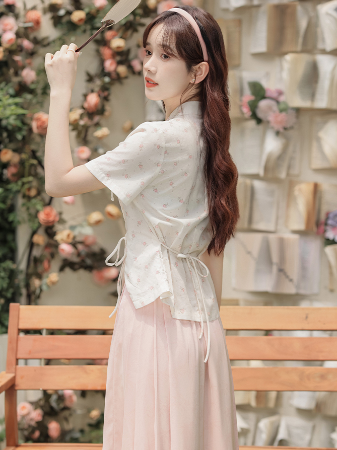 Chinese Style Pink Floral Stand Collar Shirt Tie Top Pink Bamboo Pattern Lace Half Skirt 粉色碎花衬衫+蕾丝半身裙两件套