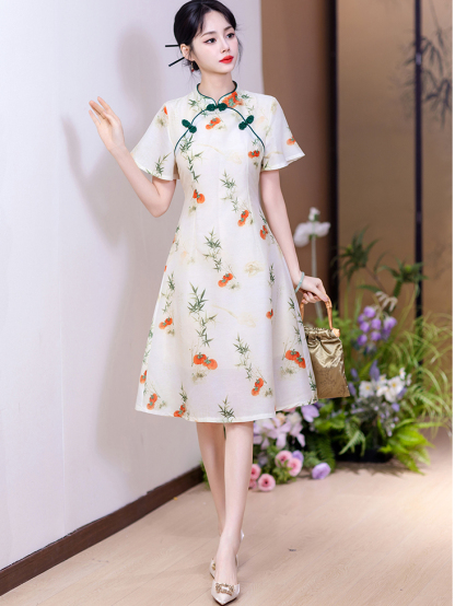 Real Shot New Model College Entrance Exam Cheongsam National Style Improved Printed Dress