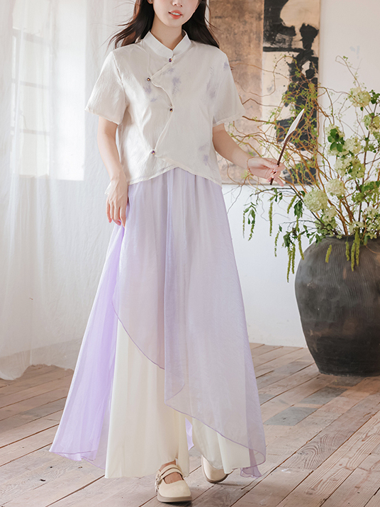 Wisteria Dream Cheongsam Improved Daily Playful New Chinese Style Top Purple Fake Two-Piece Wide-Leg Pants Set