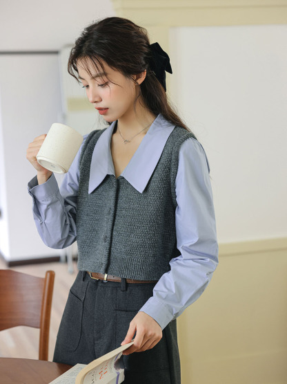 Khale Faux Two-piece Vest & Blouse 假两件马甲拼接衬衫