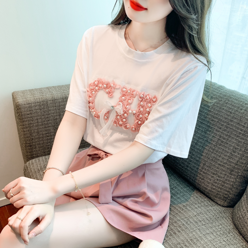 Sweet Pearl Bow Floral Tee 珍珠花朵蝴蝶结短袖T恤
