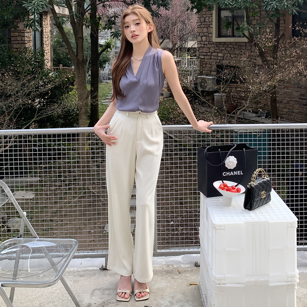 Purple Silk V-Neck Top 紫色丝质V领压褶衬衫