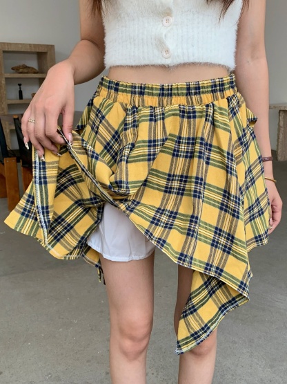 Plaid Ribbon-Tie Asymmetrical Skirt 不规则绑带格纹短裙*4 Colors