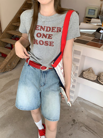 Real Shot Real Price Summer 2025 New Round Neck Slim Fit Slimming Regular Shoulder Short Sleeve T-Shirt Women Letter Print Top