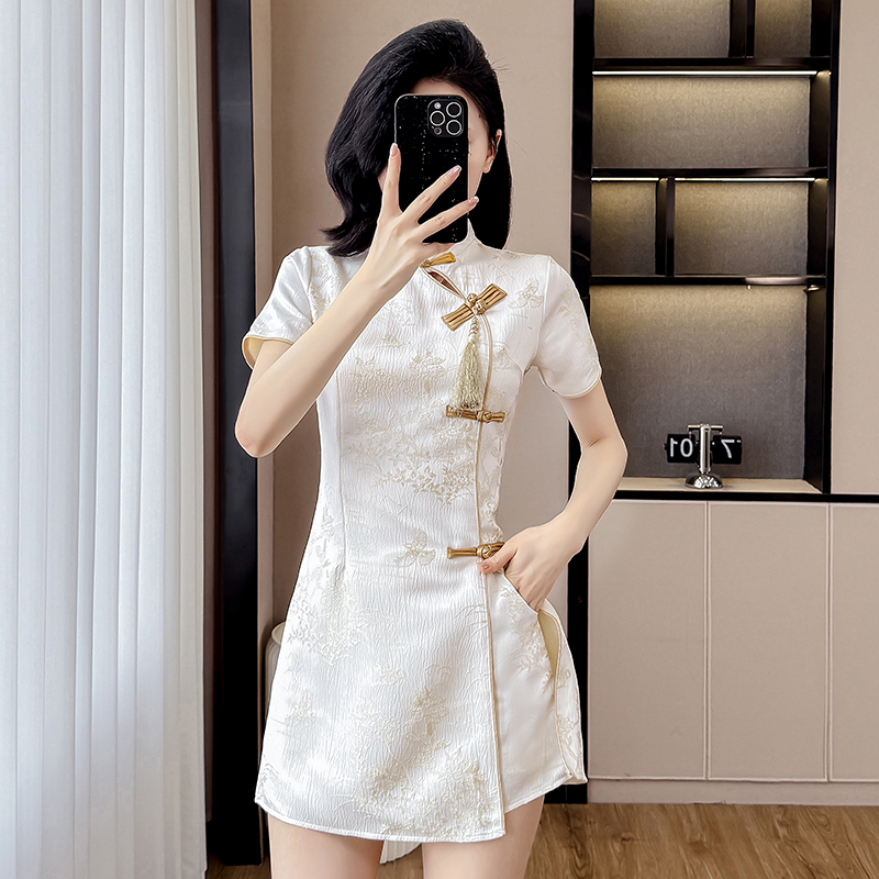 Real Shot Summer Fashion Improved Cheongsam Button New Chinese Style Jacquard Tassel Dress Shorts Two-Piece Set