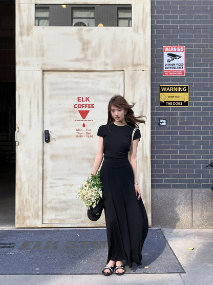 Real Shot 2025 Spring Summer New Loose Casual Solid Color Top Short Sleeve Skirt Long Skirt Women's Two-Piece Set