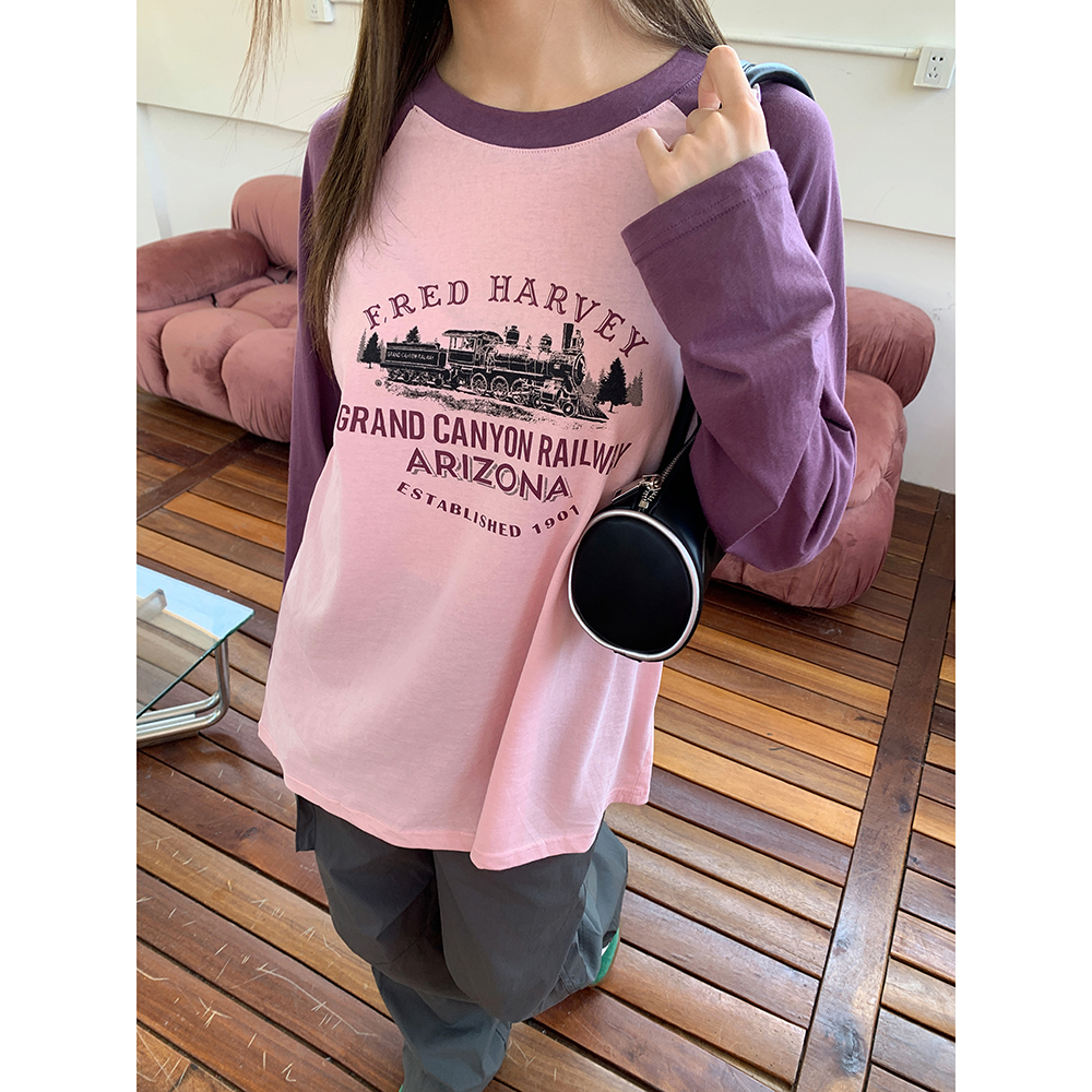 Contrast Color Long Sleeve T-shirt美式印花撞色长袖T恤 *2Colors